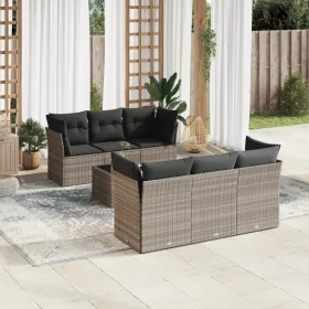    7 részes világosszürke polyrattan kerti ülőgarnitúra párnákkal