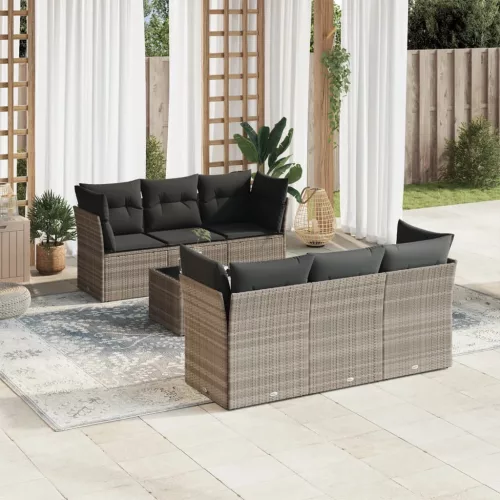  7 részes világosszürke polyrattan kerti ülőgarnitúra párnákkal