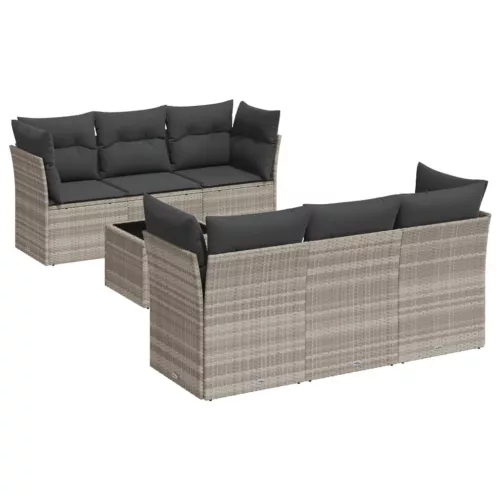  7 részes világosszürke polyrattan kerti ülőgarnitúra párnákkal