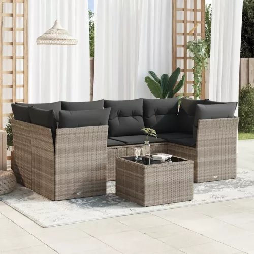  7 részes világosszürke polyrattan kerti ülőgarnitúra párnákkal