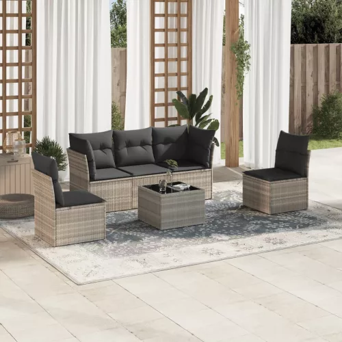 6 részes világosszürke polyrattan kerti ülőgarnitúra párnákkal