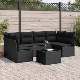    7 részes fekete polyrattan kerti ülőgarnitúra párnával