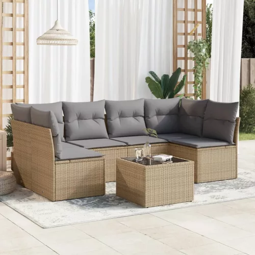  7 részes bézs polyrattan kerti ülőgarnitúra párnákkal