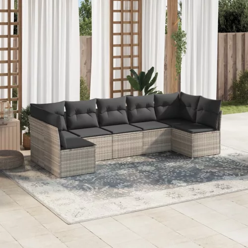  7 részes világosszürke polyrattan kerti ülőgarnitúra párnákkal