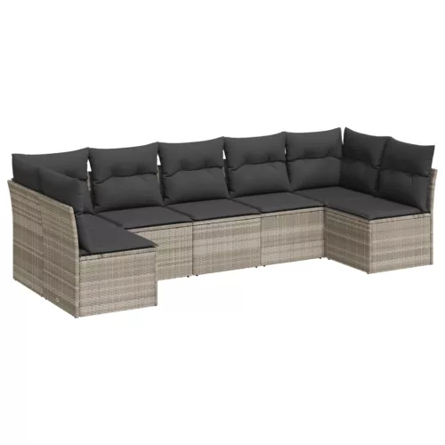  7 részes világosszürke polyrattan kerti ülőgarnitúra párnákkal