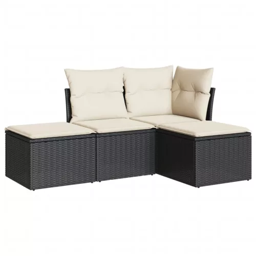  4 részes fekete polyrattan kerti ülőgarnitúra párnákkal