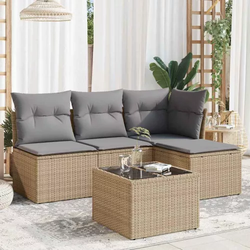  5 részes bézs polyrattan kerti ülőgarnitúra párnákkal