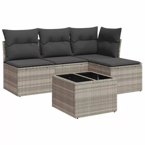  5 részes világosszürke polyrattan kerti ülőgarnitúra párnákkal