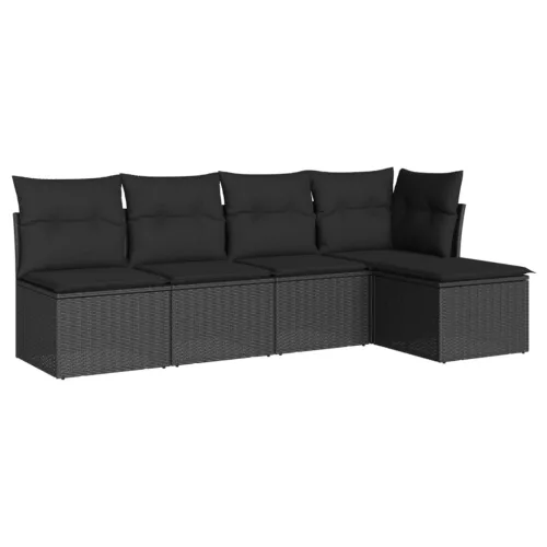  5 részes fekete polyrattan kerti kanapészett párnákkal