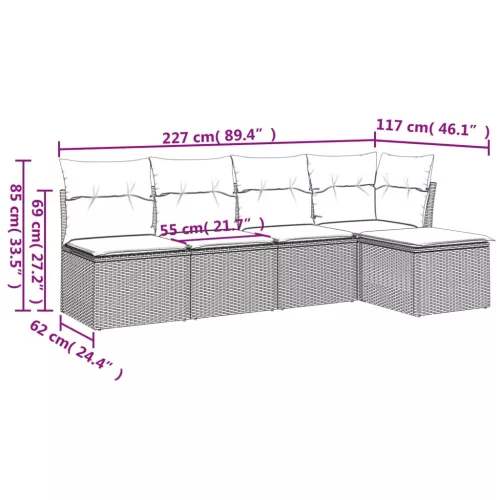  5 részes fekete polyrattan kerti kanapészett párnákkal