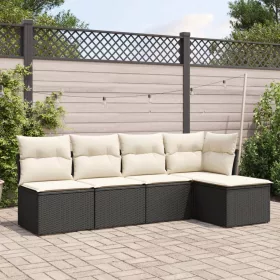  5 részes fekete polyrattan kerti kanapészett párnákkal