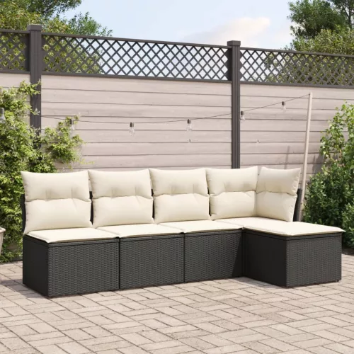  5 részes fekete polyrattan kerti kanapészett párnákkal