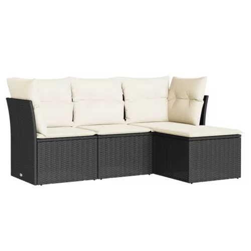  4 részes fekete polyrattan kerti ülőgarnitúra párnákkal