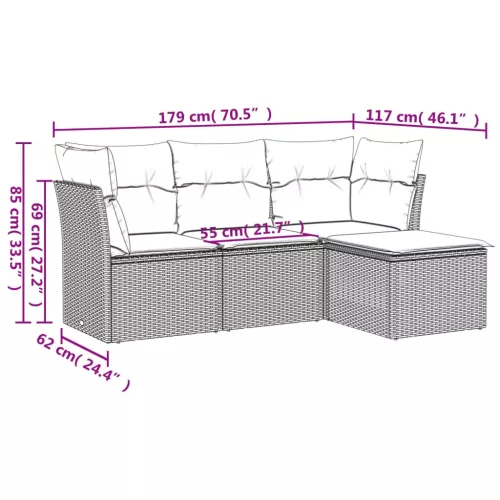  4 részes fekete polyrattan kerti ülőgarnitúra párnákkal
