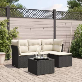  5 részes fekete polyrattan kerti kanapészett párnákkal