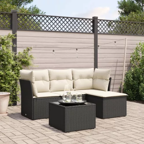  5 részes fekete polyrattan kerti kanapészett párnákkal