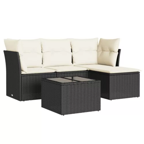  5 részes fekete polyrattan kerti kanapészett párnákkal