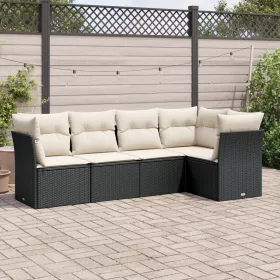  5 részes fekete polyrattan kerti kanapészett párnákkal