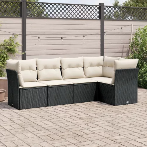  5 részes fekete polyrattan kerti kanapészett párnákkal