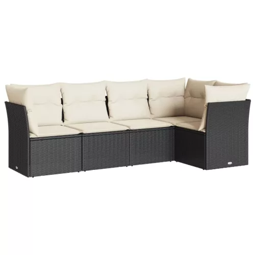  5 részes fekete polyrattan kerti kanapészett párnákkal