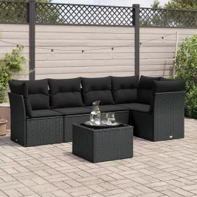    6 részes fekete polyrattan kerti ülőgarnitúra párnákkal