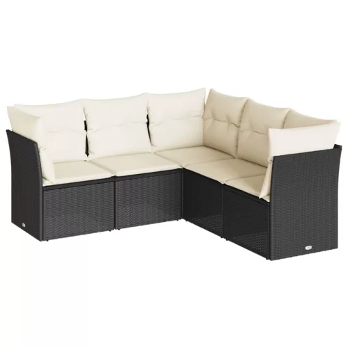  5 részes fekete polyrattan kerti kanapészett párnákkal