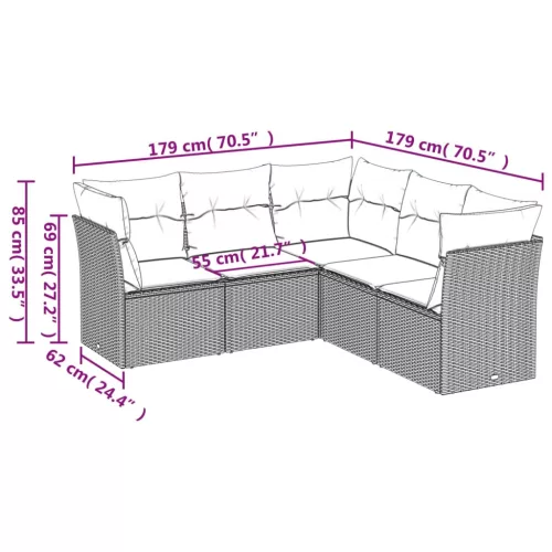  5 részes fekete polyrattan kerti kanapészett párnákkal