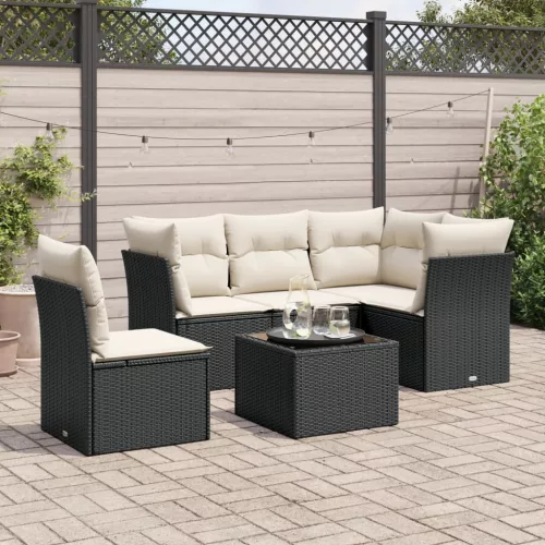  6 részes fekete polyrattan kerti ülőgarnitúra párnákkal