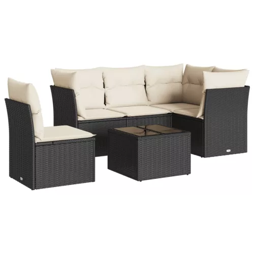  6 részes fekete polyrattan kerti ülőgarnitúra párnákkal