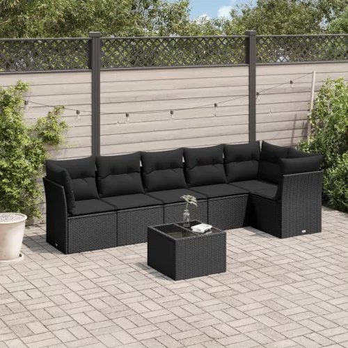  7 részes fekete polyrattan kerti ülőgarnitúra párnával