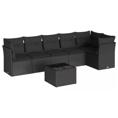  7 részes fekete polyrattan kerti ülőgarnitúra párnával