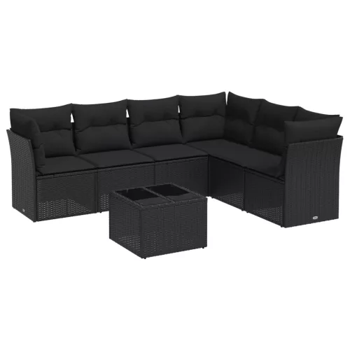  7 részes fekete polyrattan kerti ülőgarnitúra párnával