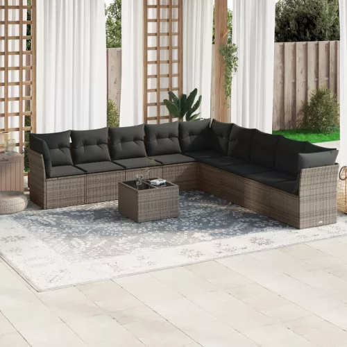  10 részes szürke polyrattan kerti ülőgarnitúra párnákkal