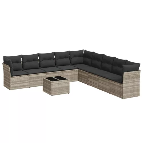  10 részes világosszürke polyrattan kerti ülőgarnitúra párnákkal