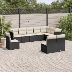    10 részes fekete polyrattan kerti ülőgarnitúra párnákkal