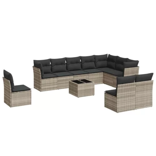  11 részes világosszürke polyrattan kerti ülőgarnitúra párnákkal