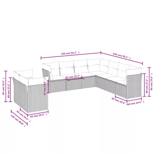  9 részes barna polyrattan kerti ülőgarnitúra párnákkal