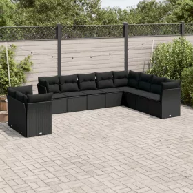    10 részes fekete polyrattan kerti ülőgarnitúra párnákkal