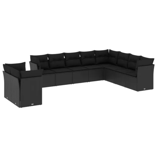  10 részes fekete polyrattan kerti ülőgarnitúra párnákkal