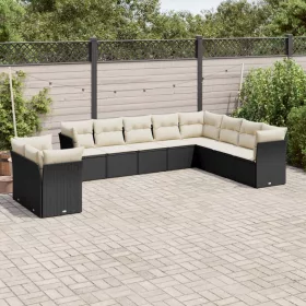    10 részes fekete polyrattan kerti ülőgarnitúra párnákkal
