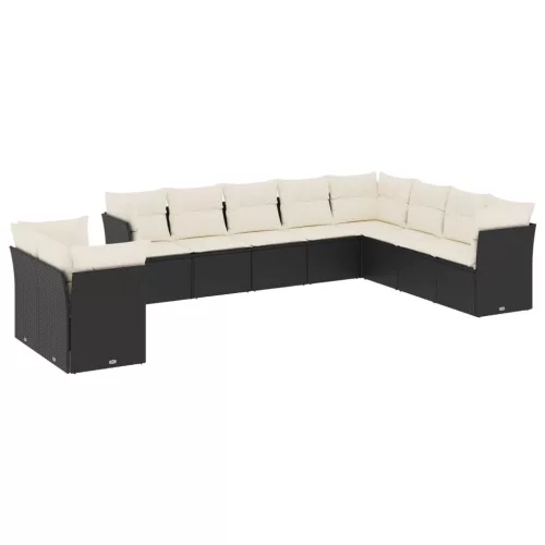  10 részes fekete polyrattan kerti ülőgarnitúra párnákkal