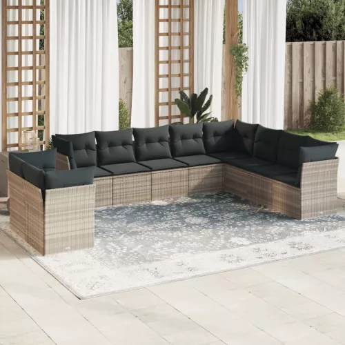  10 részes világosszürke polyrattan kerti ülőgarnitúra párnákkal