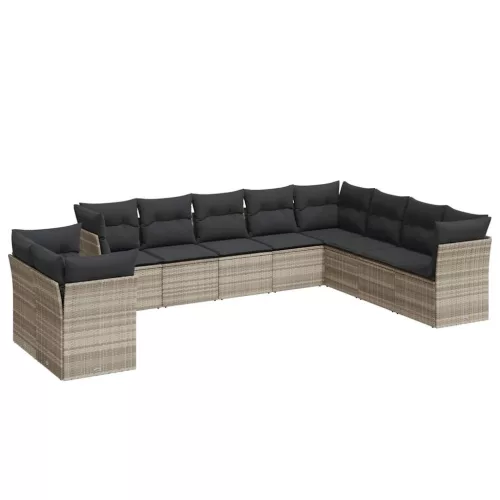  10 részes világosszürke polyrattan kerti ülőgarnitúra párnákkal