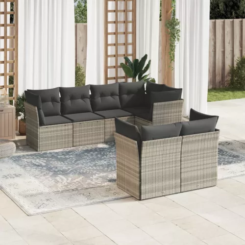  7 részes világosszürke polyrattan kerti ülőgarnitúra párnákkal