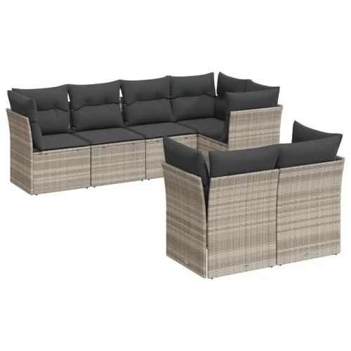 7 részes világosszürke polyrattan kerti ülőgarnitúra párnákkal