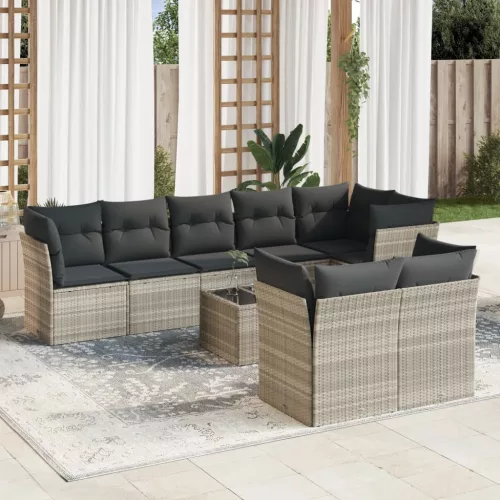  9 részes világosszürke polyrattan kerti ülőgarnitúra párnával
