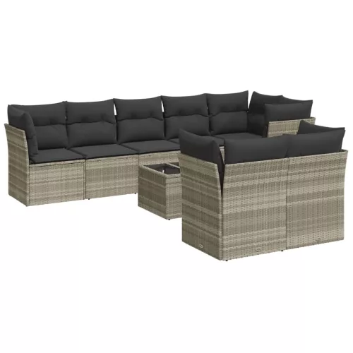  9 részes világosszürke polyrattan kerti ülőgarnitúra párnával