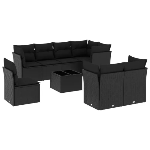  9 részes fekete polyrattan kerti ülőgarnitúra párnákkal