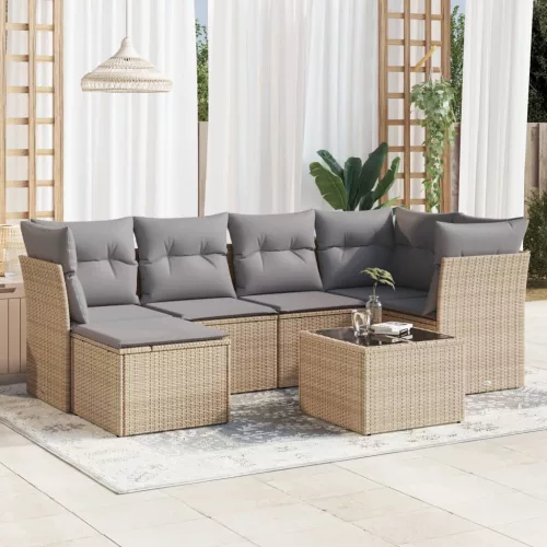  7 részes bézs polyrattan kerti ülőgarnitúra párnákkal