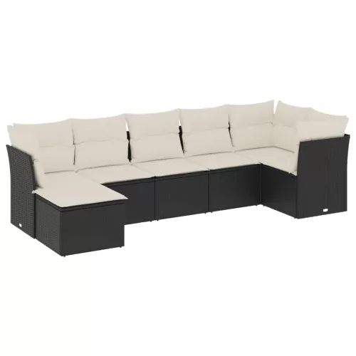  7 részes fekete polyrattan kerti ülőgarnitúra párnával